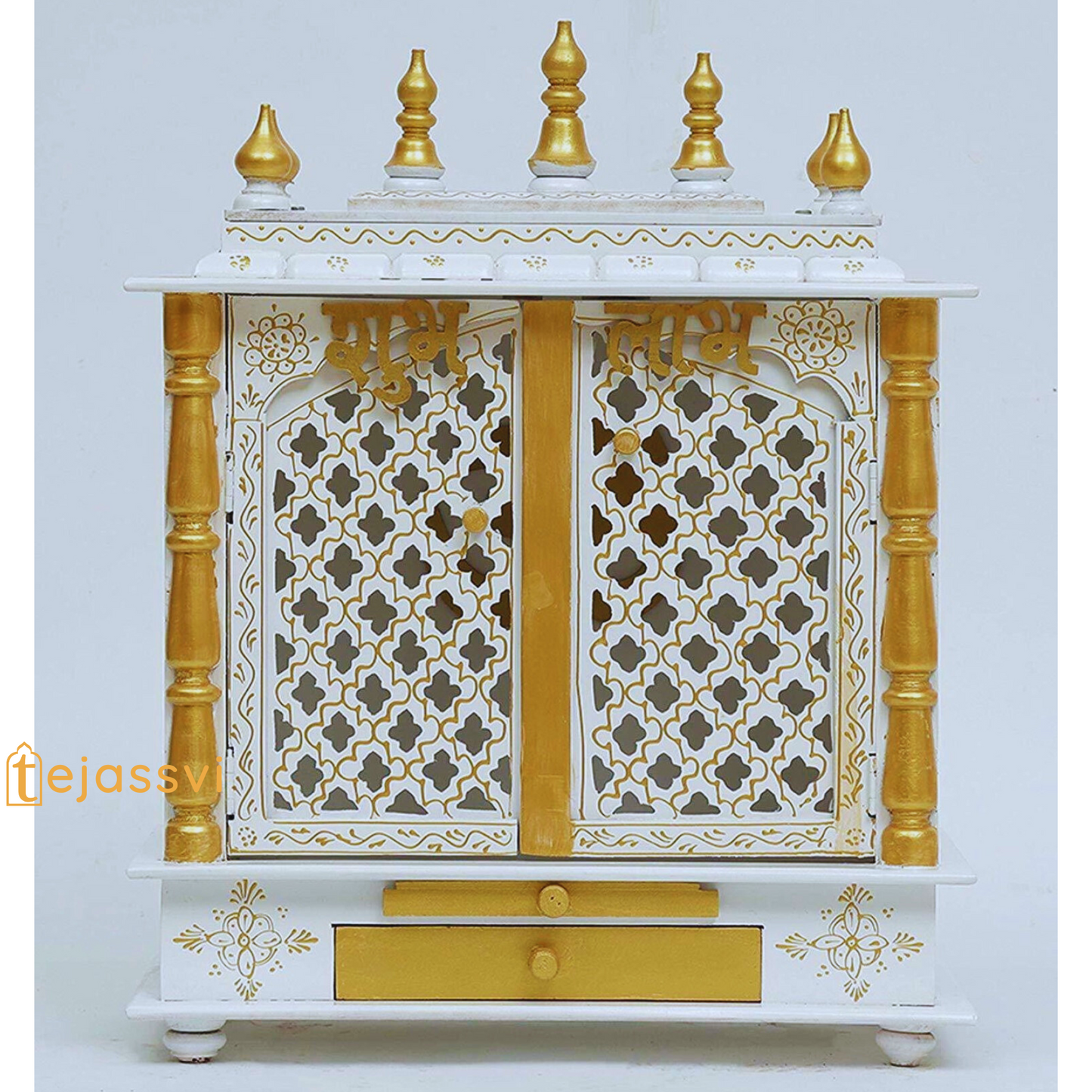 Wooden Pooja Ghar for Home | Large Wall Hanging Temple with Doors | Handmade Brown Mandir for Prayer Room
