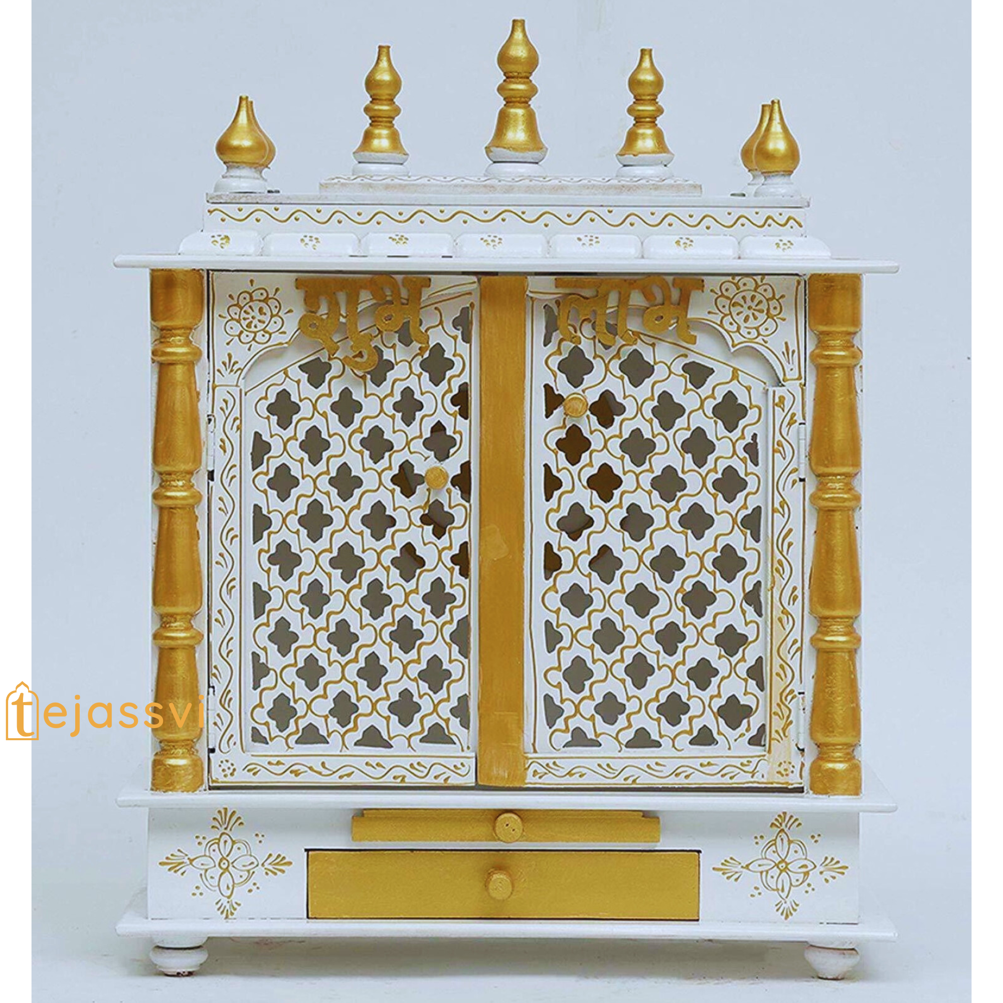 Wooden Pooja Ghar for Home | Large Wall Hanging Temple with Doors | Handmade Brown Mandir for Prayer Room