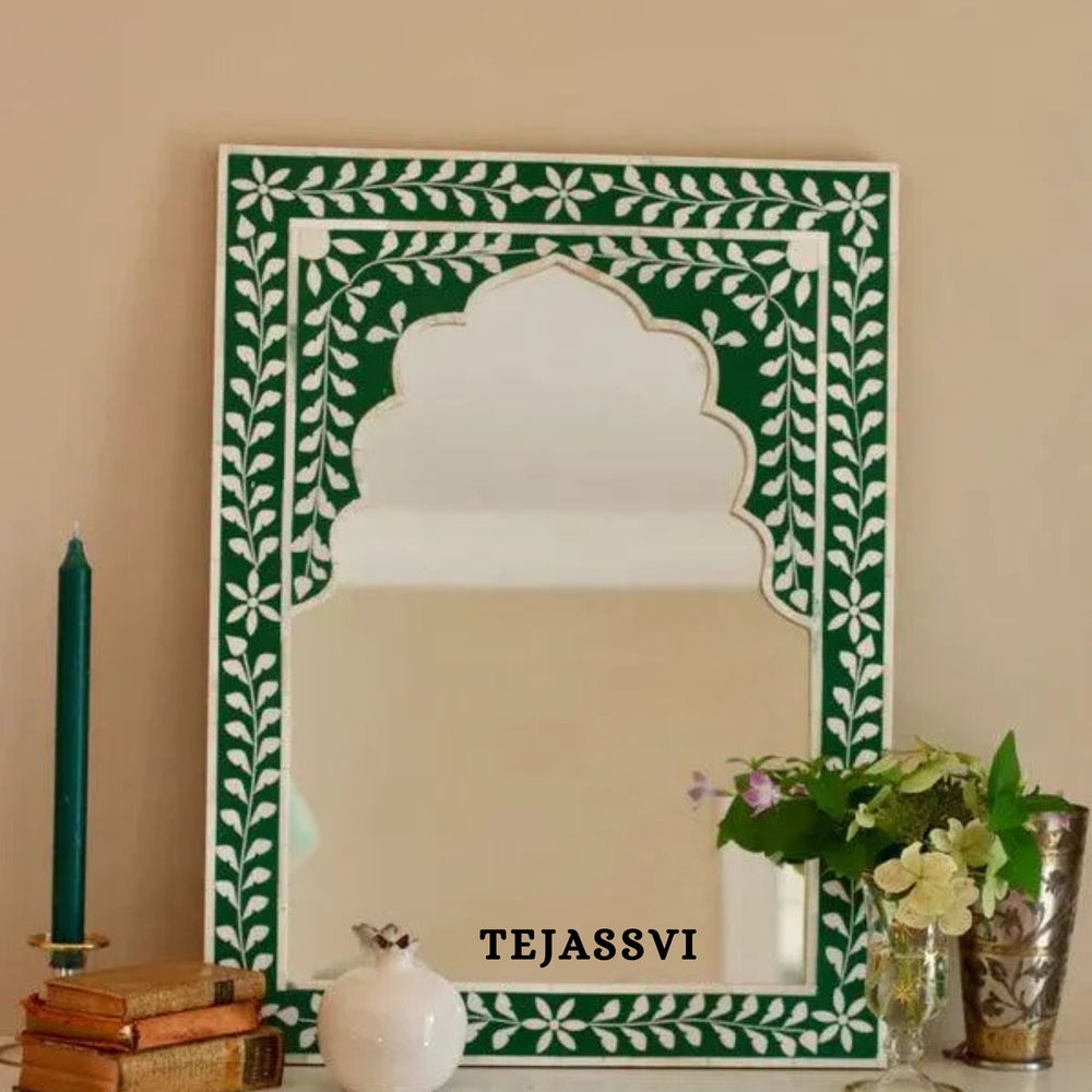 Bone Inlay Floral Design Green Resin Wall Hanging Large Mirror