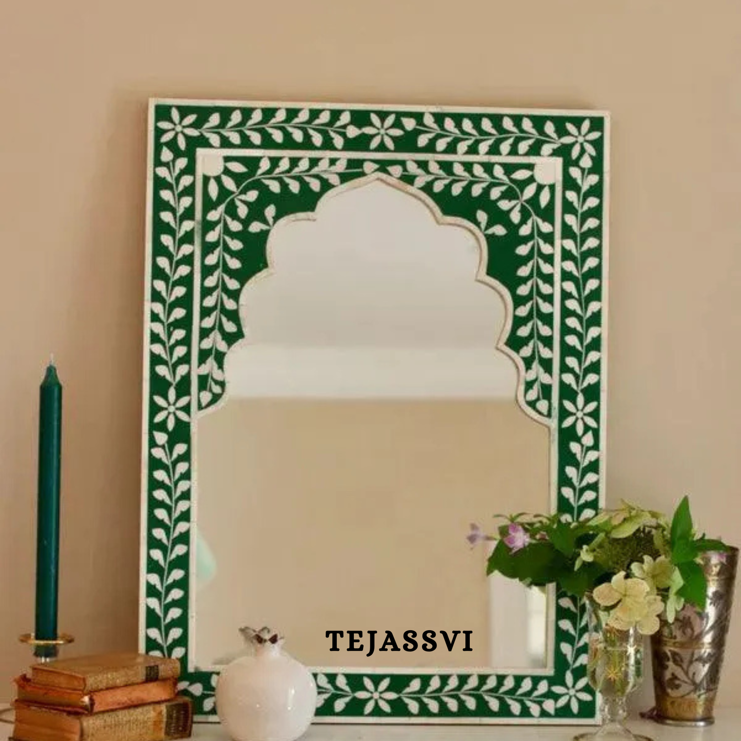 Bone Inlay Floral Design Green Resin Wall Hanging Large Mirror