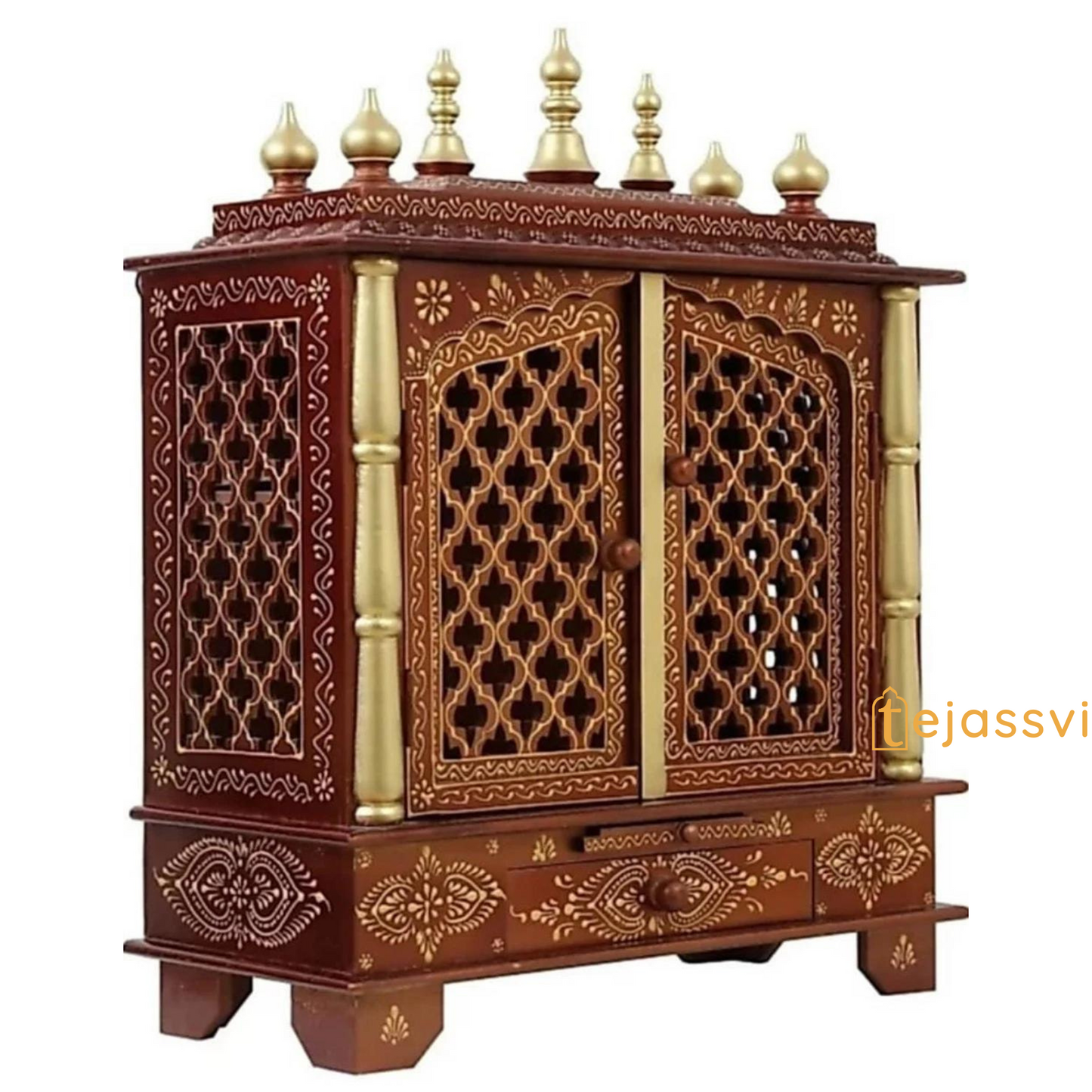 Large Wooden Temple for Home with Doors | Wall Mounted Pooja Mandir | Handmade Brown Prayer Altar for Diwali
