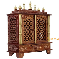 Large Wooden Temple for Home with Doors | Wall Mounted Pooja Mandir | Handmade Brown Prayer Altar for Diwali