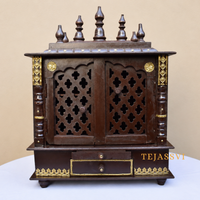 Wooden Wall Mounted Pooja Mandir with Door and Metal | Large Handmade Brown Home Temple | Traditional Prayer Altar & Wooden Pooja Ghar for Worship