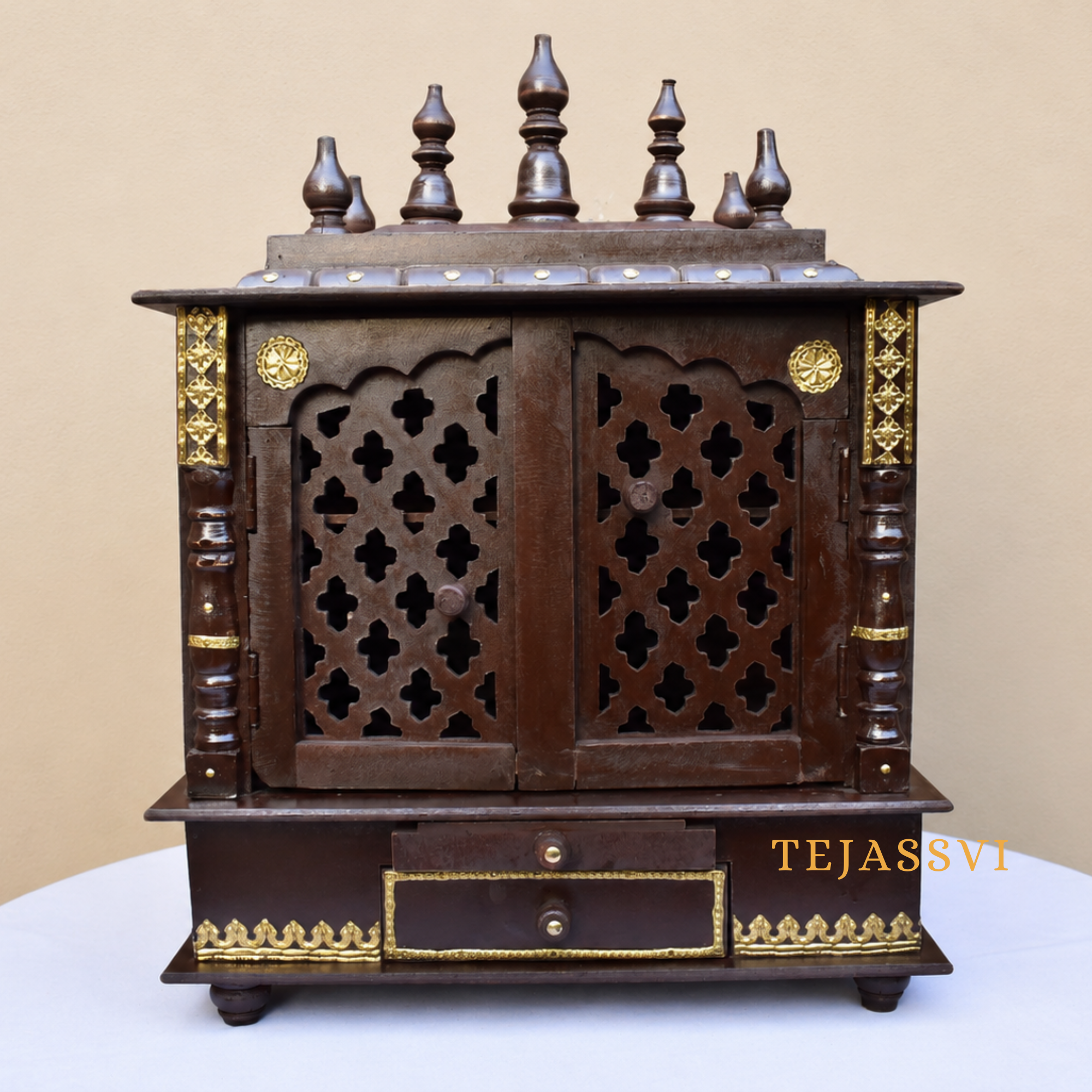 Wooden Wall Mounted Pooja Mandir with Door and Metal | Large Handmade Brown Home Temple | Traditional Prayer Altar & Wooden Pooja Ghar for Worship