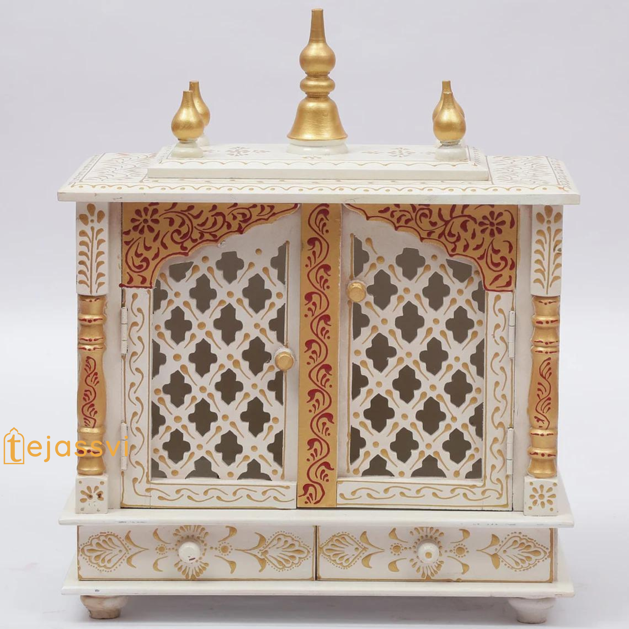 Handmade Wooden Mandir for Home | Wall Hanging Temple with Door | Large Brown Prayer Altar & Pooja Ghar