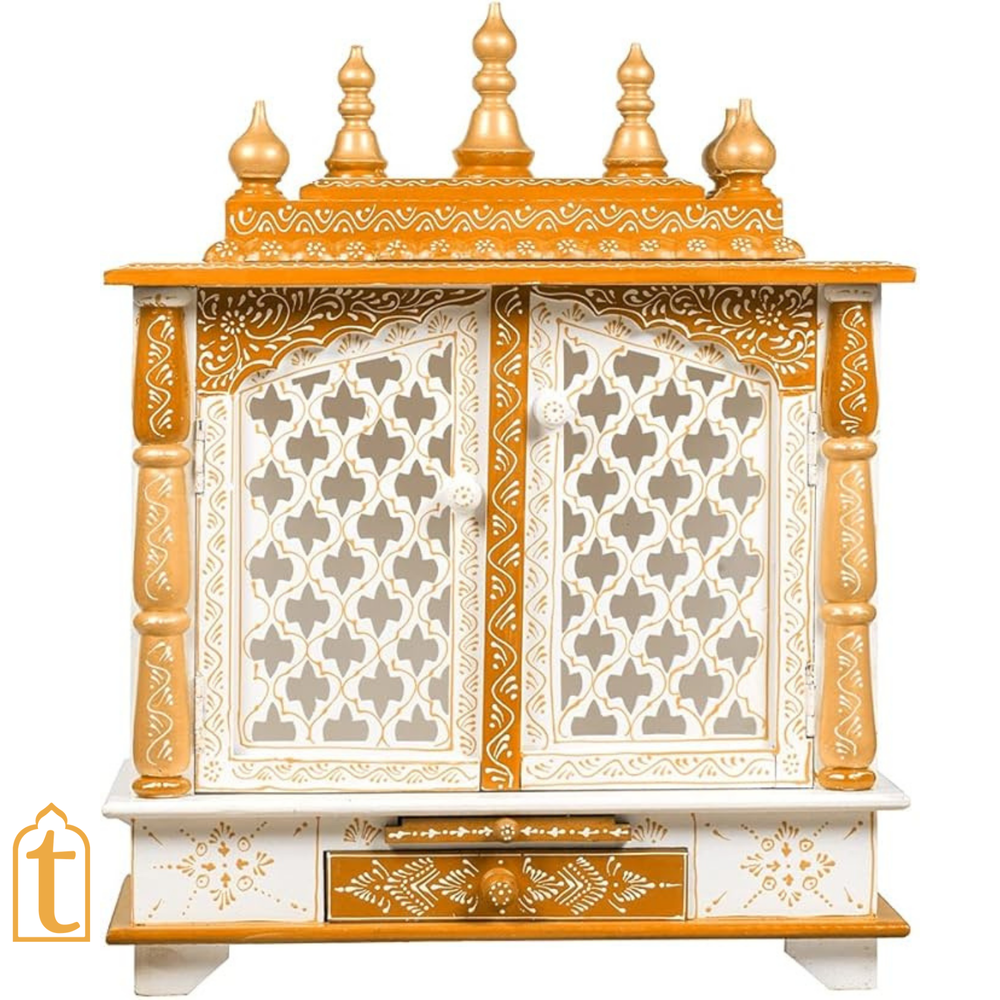 Handcrafted Wooden Temple Mandir: Indian Pooja Ghar, Wall Mount Decor, Wooden White & Goldan Pooja Mandir