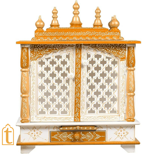 Handcrafted Wooden Temple Mandir: Indian Pooja Ghar, Wall Mount Decor, Wooden White & Goldan Pooja Mandir