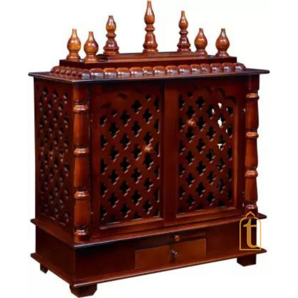 Large Wooden Prayer Temple | Handmade Wall Mount Pooja Mandir with Door | Brown Home Pooja Ghar