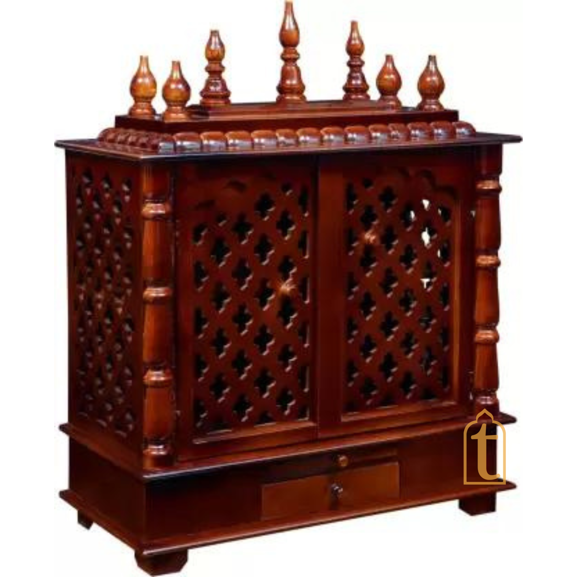 Large Wooden Prayer Temple | Handmade Wall Mount Pooja Mandir with Door | Brown Home Pooja Ghar