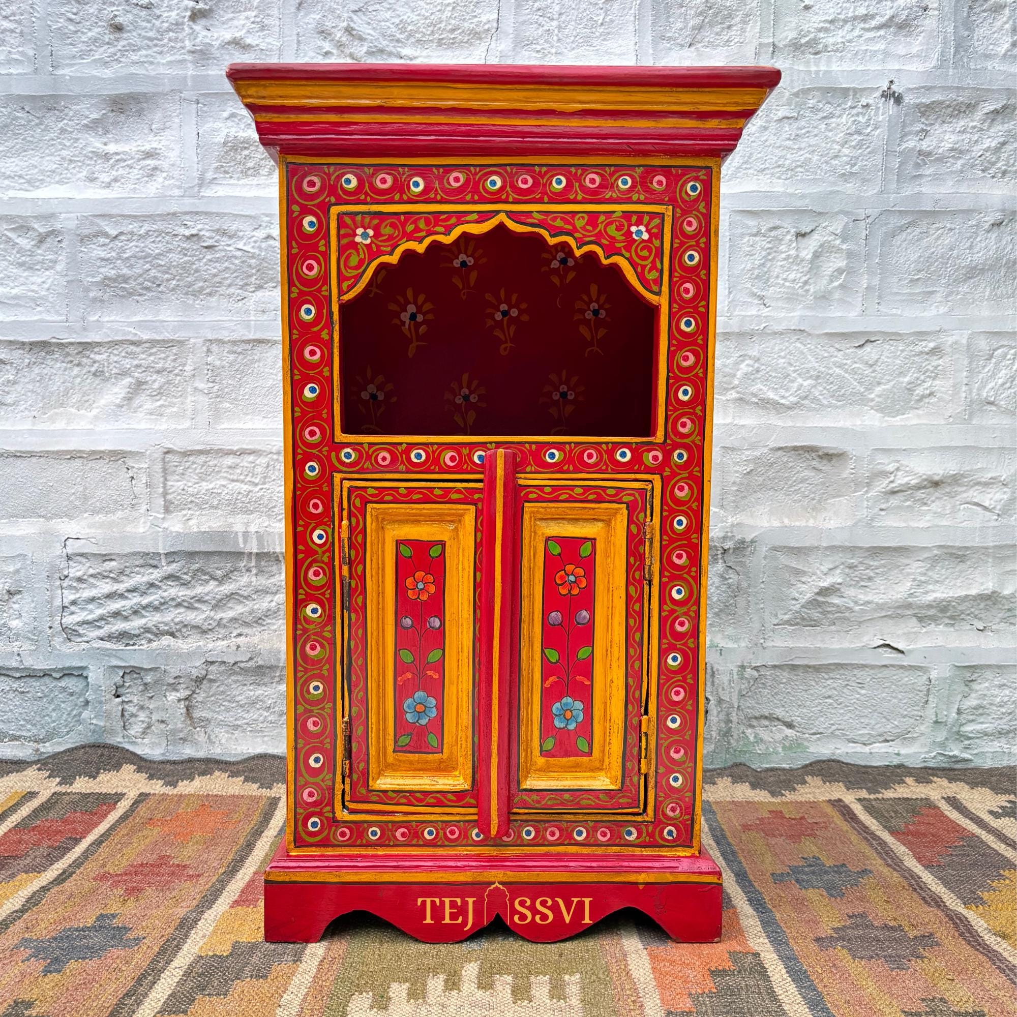 Handmade Hand Painted Bedside Table in Red & yellow / Home Décor Table / Hand painted Side Table / Indian Moroccan painted Furniture.