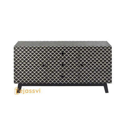Bone Inlay Fish-scale Scalloped Sideboard in Black Color/Bone Inlay Media Console| Handmade  Bone Inlay Credenza Indian Luxury Buffet Table.