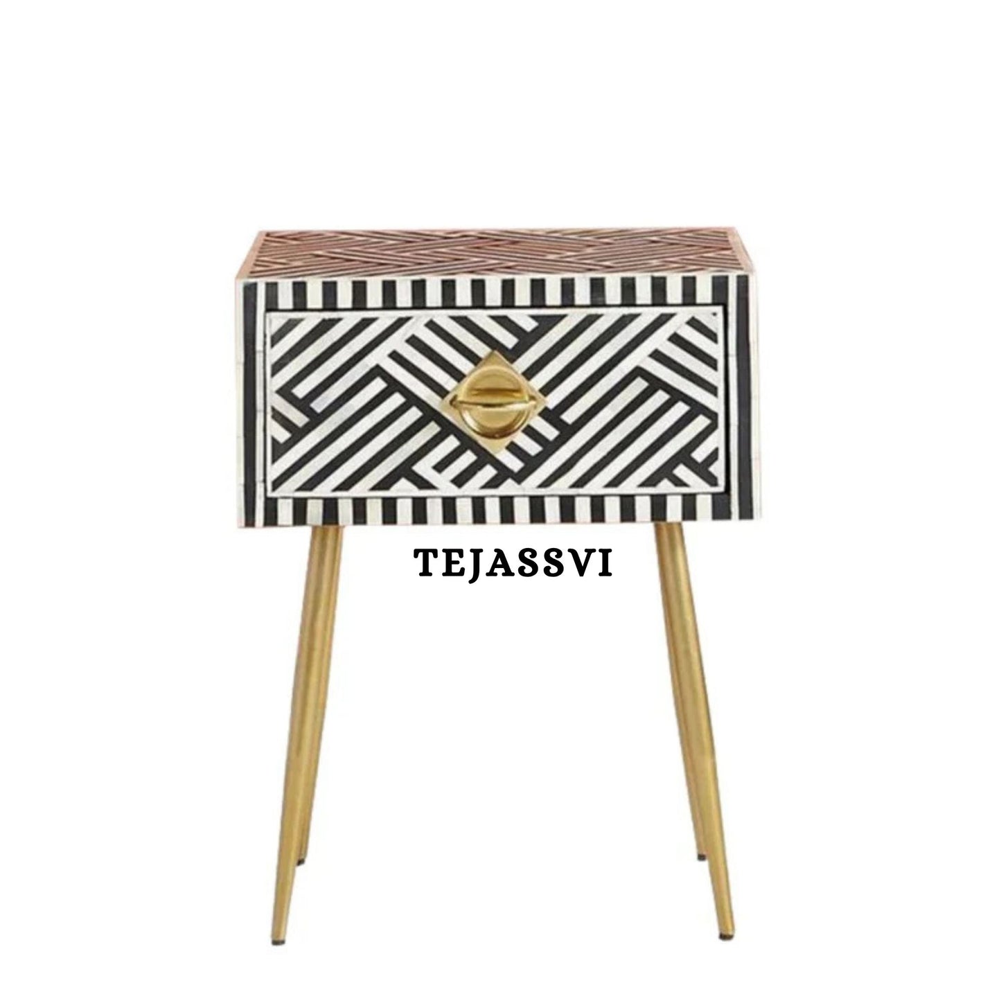 Bone Inlay Bedside Table for 1 Drawer / Bone Inlay Table / Strip Design Bedside Table / Bone Inlay Cocktail Table . (Copy)