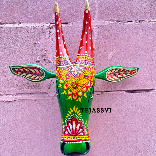 Wooden Painted Cow Head 16 Inches| Bull | Nandi Head Mask Wall Décor. Wooden Wall Hanging. Ethnic Indian Art.