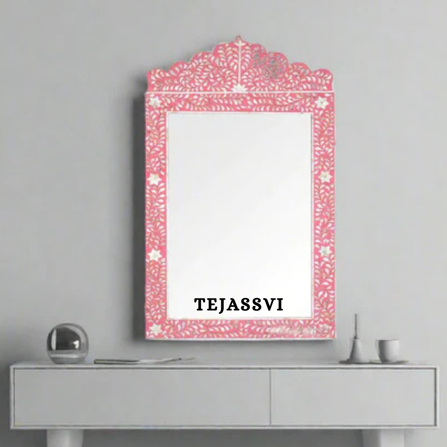Bone Inlay Floral Design Pink Resin Wall Hangings Large Mirror