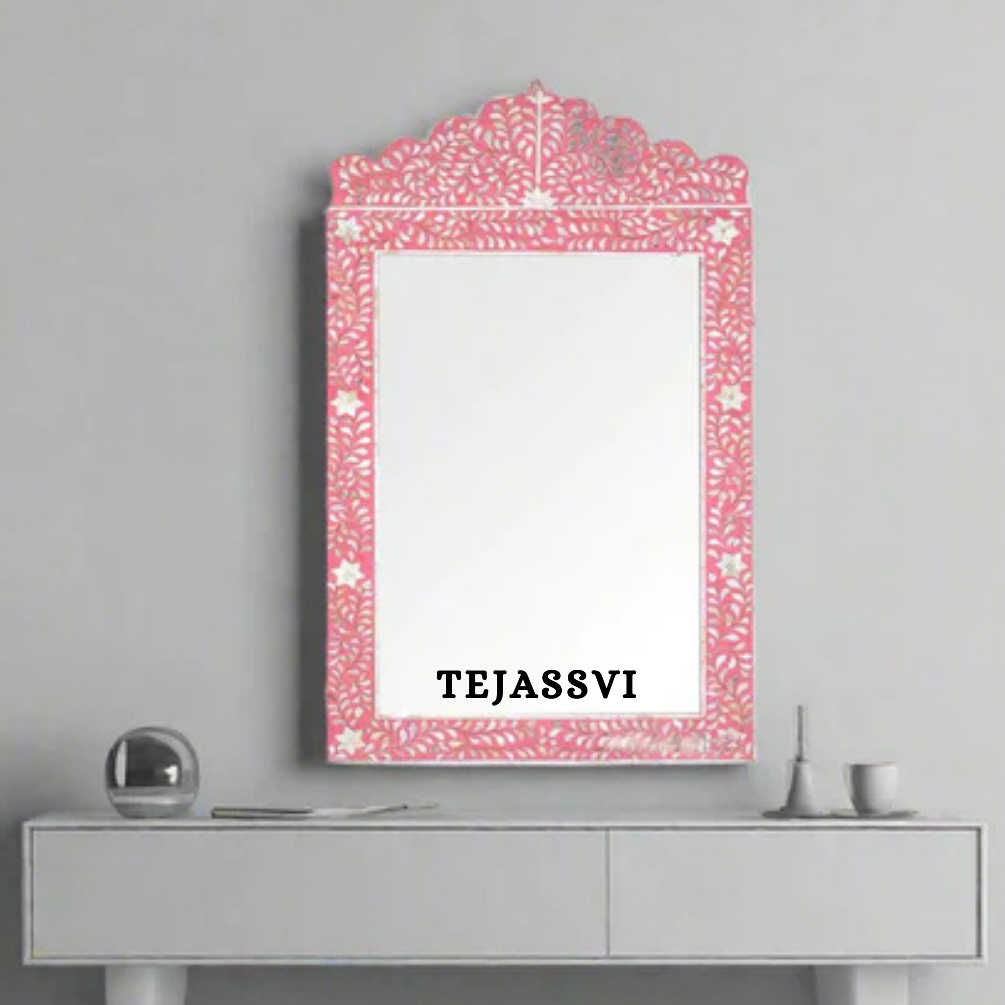 Bone Inlay Floral Design Pink Resin Wall Hangings Large Mirror