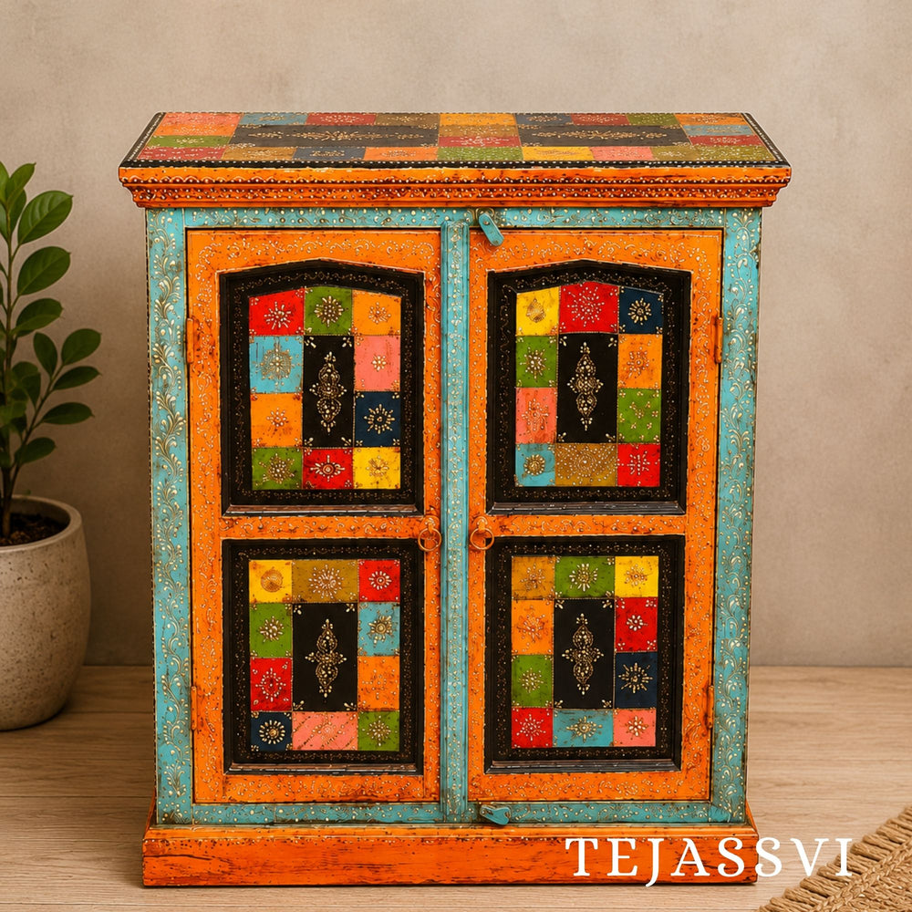 Wooden Indian Beautiful Hand Painting Side Board / Handmade Furniture / Side Table Indian Handicrafts Décor / Home Cupboard / Storage Cabinet.