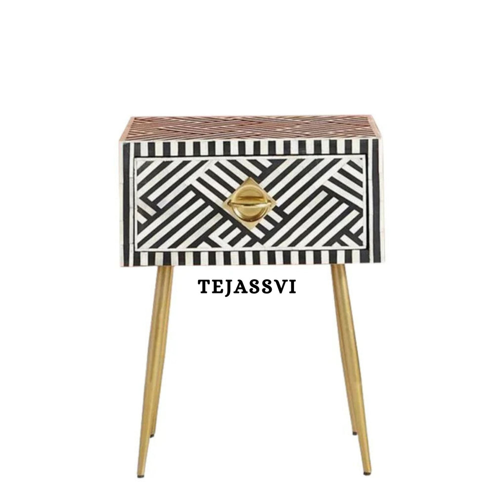 Bone Inlay Bedside Table for 1 Drawer / Bone Inlay Table / Strip Design Bedside Table / Bone Inlay Cocktail Table . (Copy)