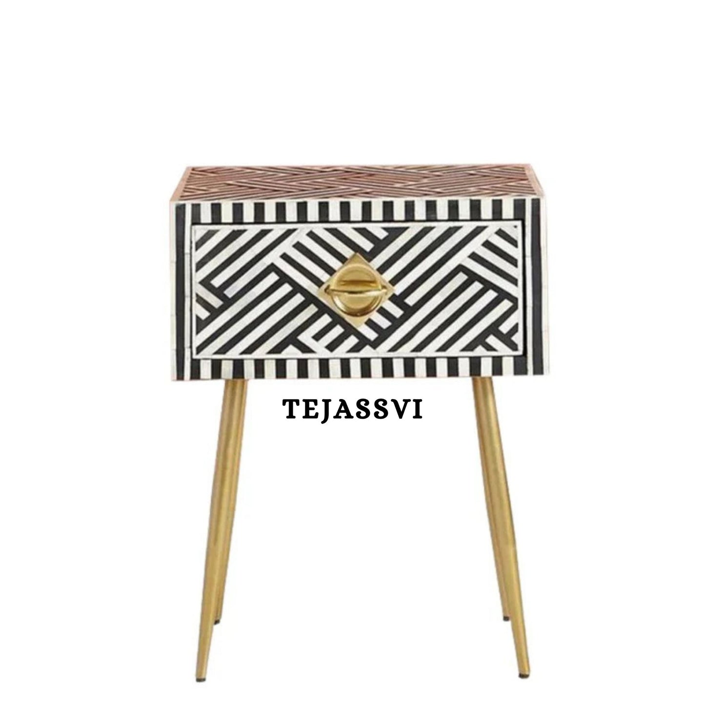 Bone Inlay Bedside Table for 1 Drawer / Bone Inlay Table / Strip Design Bedside Table / Bone Inlay Cocktail Table . (Copy)