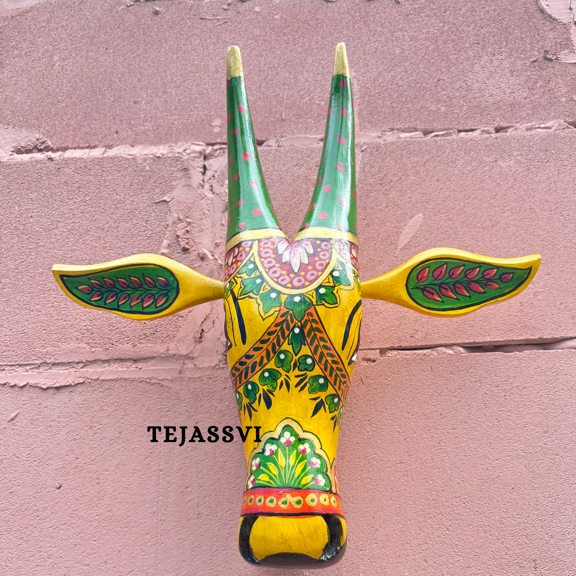 Wooden Painted Cow Head 15 Inches| Bull | Nandi Head Mask Wall Décor. Wooden Wall Hanging. Ethnic Indian Art.