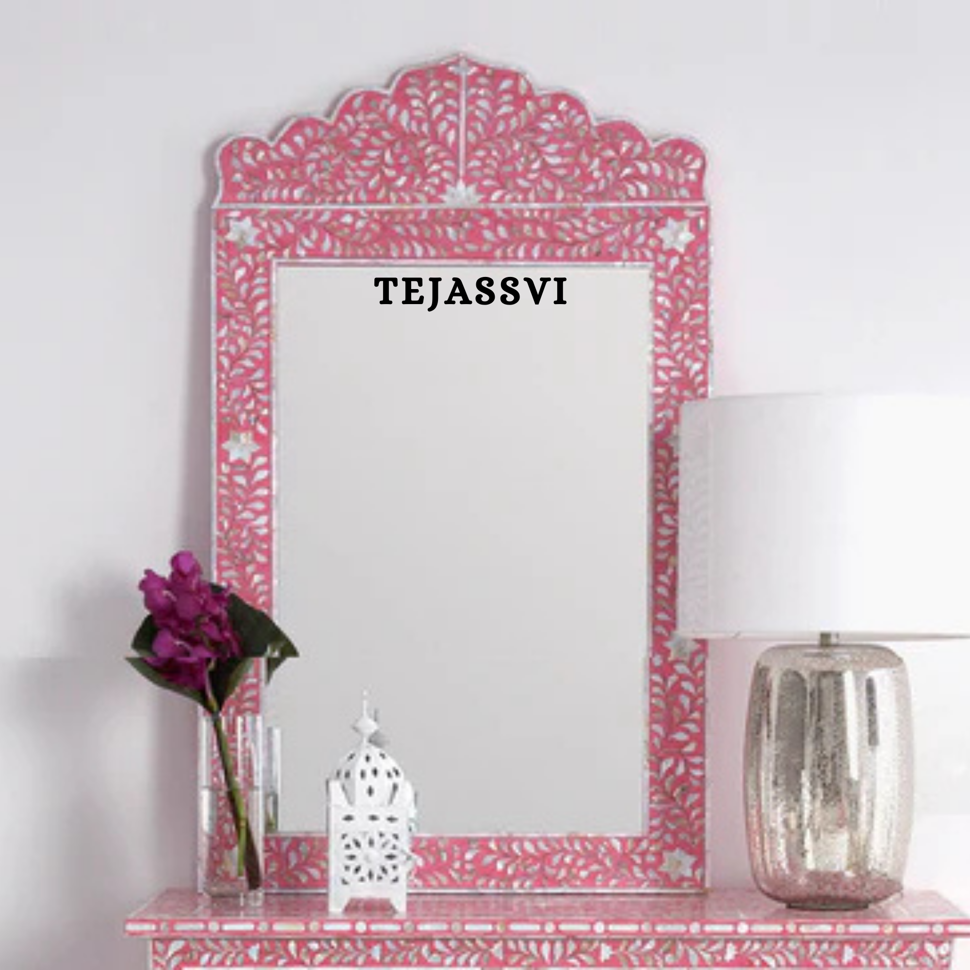 Bone Inlay Floral Design Pink Resin Wall Hangings Large Mirror