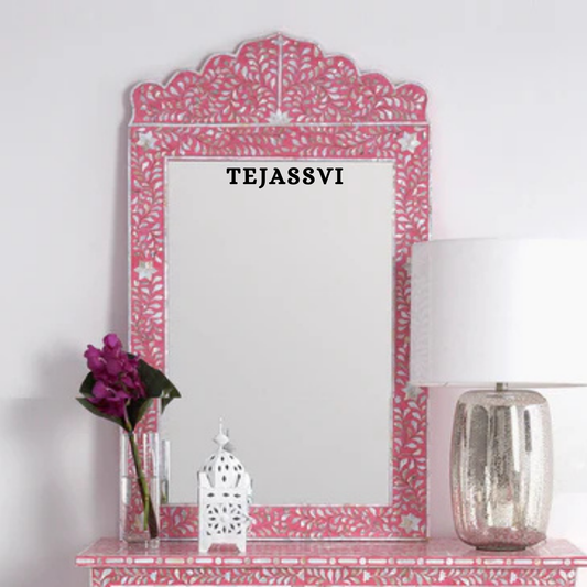 Bone Inlay floral design pinkColor Wall Hanging Large Mirror  / wooden bone inlay wall mirror / Wall Décor / Wall Hanging.