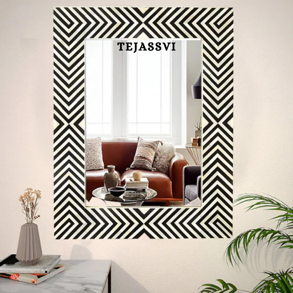 Bone Inlay Strip Design Wall Hanging Décor Mirror with Black Resin