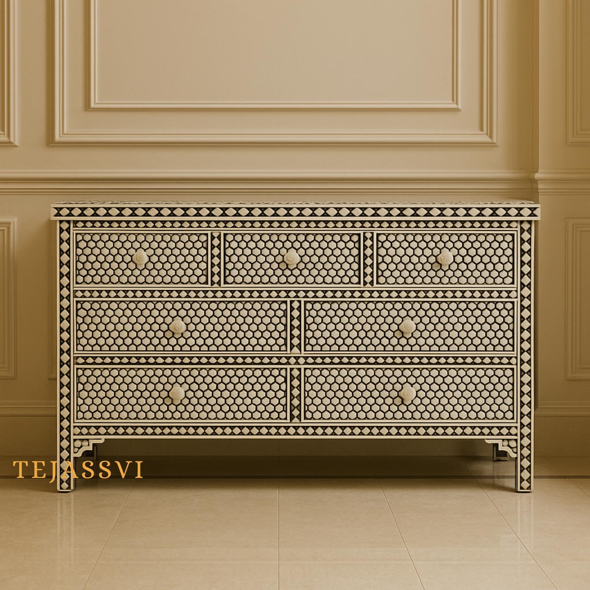 wooden Bone inlay Targua 7 chest of drawer | Bone Inlay  Honeycomb Pattern 7 Drawers Chest of Drawers, Bone Inlay Furniture Sideboard Unit.
