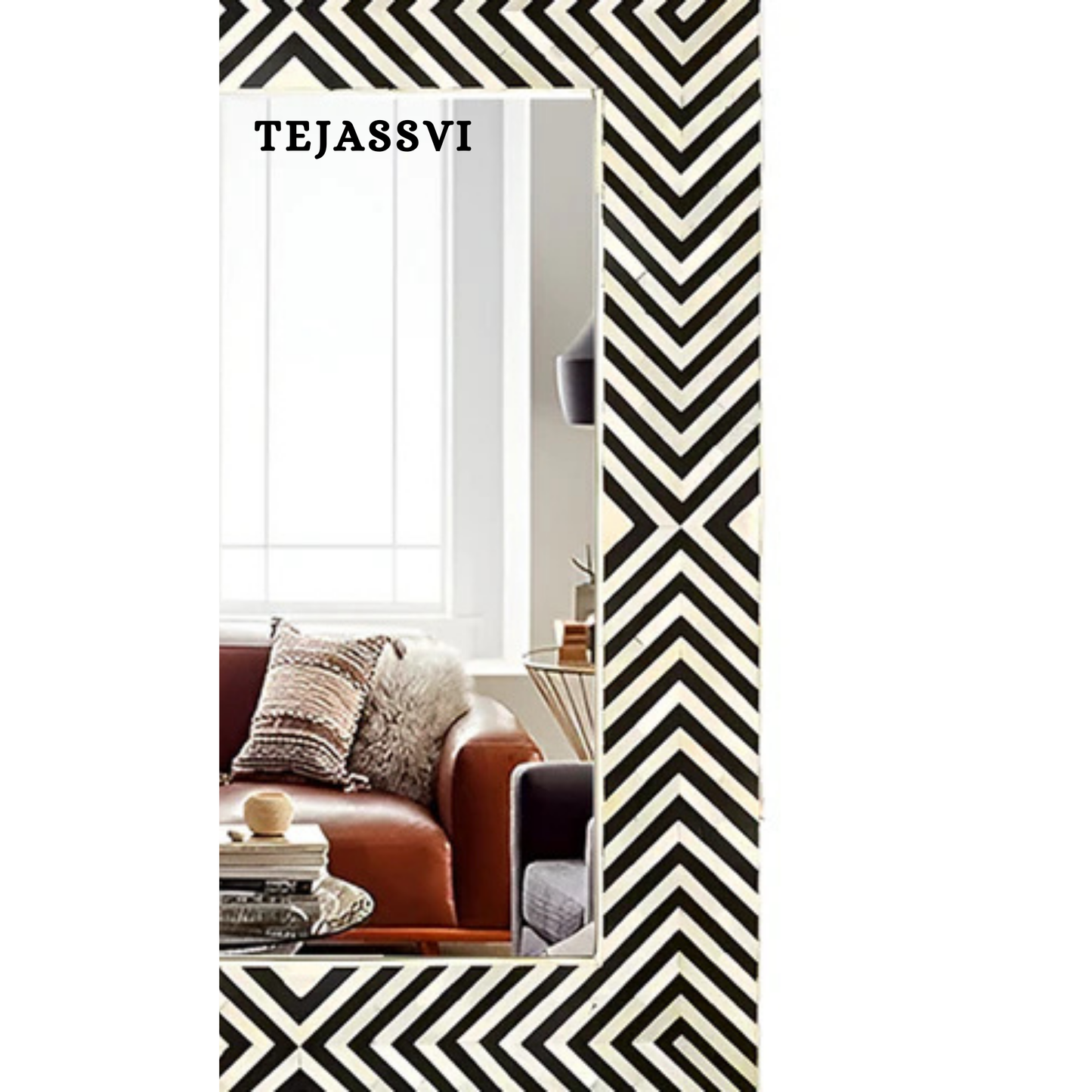 Bone Inlay Strip Design Wall Hanging Décor Mirror with Black Resin