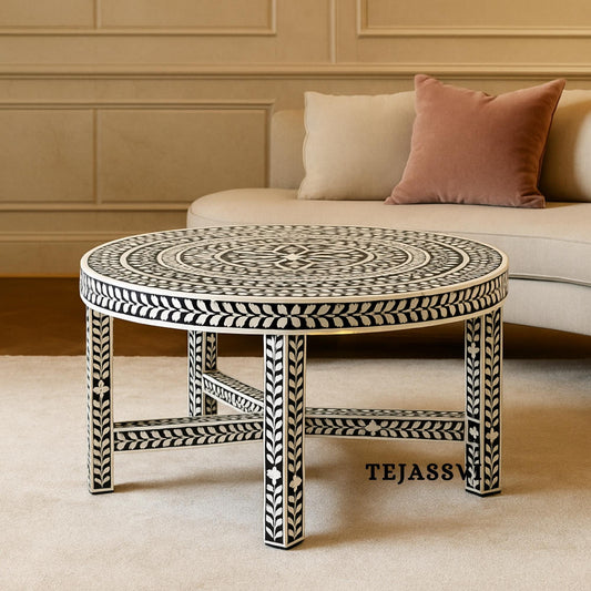 Handmade Bone Inlay Coffee Table, Center table ,BONE INLAY TABLE, Round Coffee Table, Floral design Centre Table, Bone Inlay Cocktail Table