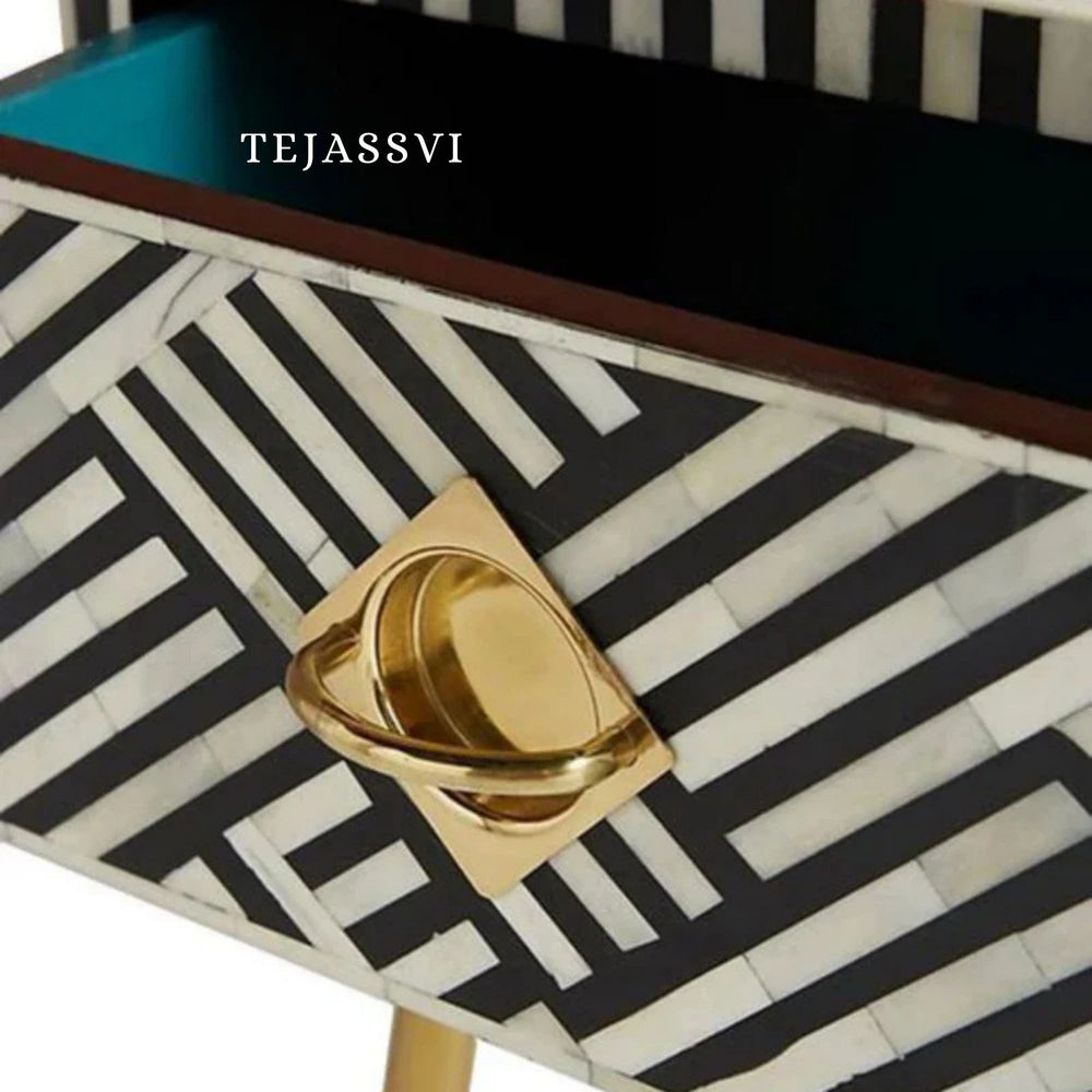 Bone Inlay Bedside Table for 1 Drawer / Bone Inlay Table / Strip Design Bedside Table / Bone Inlay Cocktail Table . (Copy)