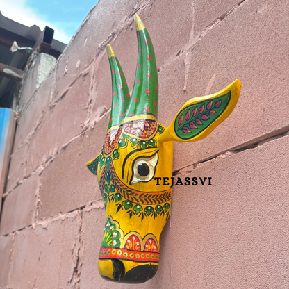 Wooden Painted Cow Head 16 Inches| Bull | Nandi Head Mask Wall Décor. Wooden Wall Hanging. Ethnic Indian Art.