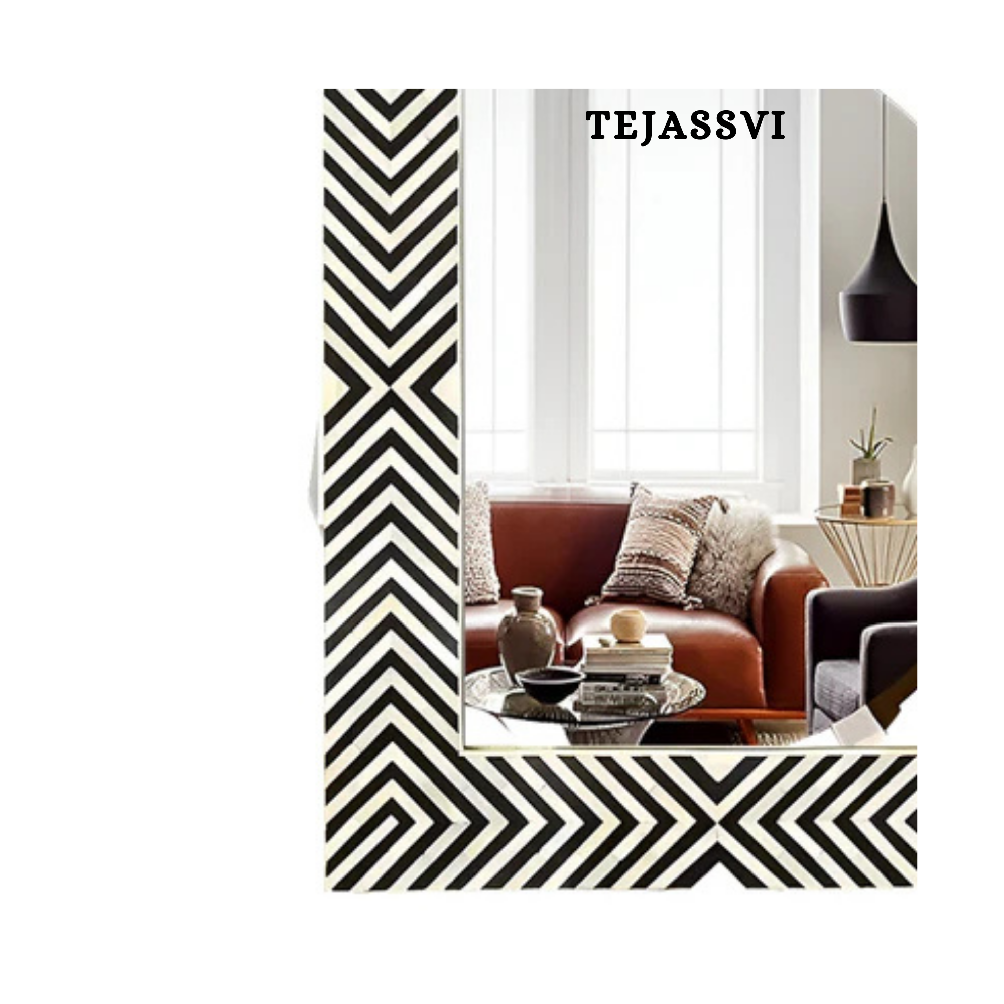 Bone Inlay Strip Design Wall Hanging Décor Mirror with Black Resin