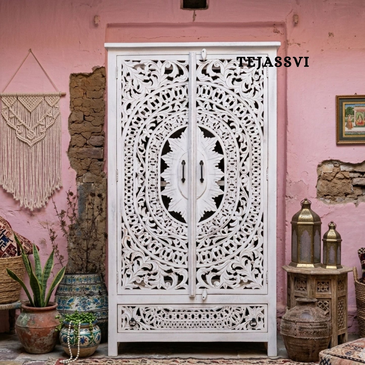Wooden Indian Carving Wardrobe White Color  / Wooden carving Sideboard / Wooden Storage Cabinet | Luxury Entryway Table | wooden Storage Sideboard.