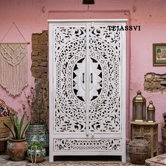 Wooden Indian Carving Wardrobe White Color  / Wooden carving Sideboard / Wooden Storage Cabinet | Luxury Entryway Table | wooden Storage Sideboard.