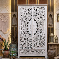 Wooden Indian Carving Wardrobe White Color  / Wooden carving Sideboard / Wooden Storage Cabinet | Luxury Entryway Table | wooden Storage Sideboard.