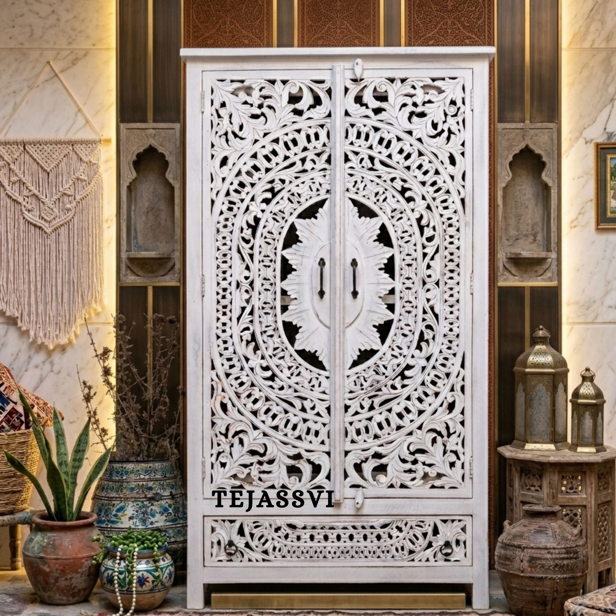 Wooden Indian Carving Wardrobe White Color  / Wooden carving Sideboard / Wooden Storage Cabinet | Luxury Entryway Table | wooden Storage Sideboard.