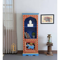 Indian Hand painted Solid Wooden Bookshelf In Red Color Book self with Storage Cabinet / Indian Hand Painted Wooden Side Boards / Wooden Cabinet.