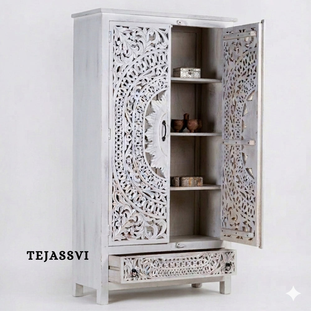 Wooden Indian Carving Wardrobe White Color  / Wooden carving Sideboard / Wooden Storage Cabinet | Luxury Entryway Table | wooden Storage Sideboard.