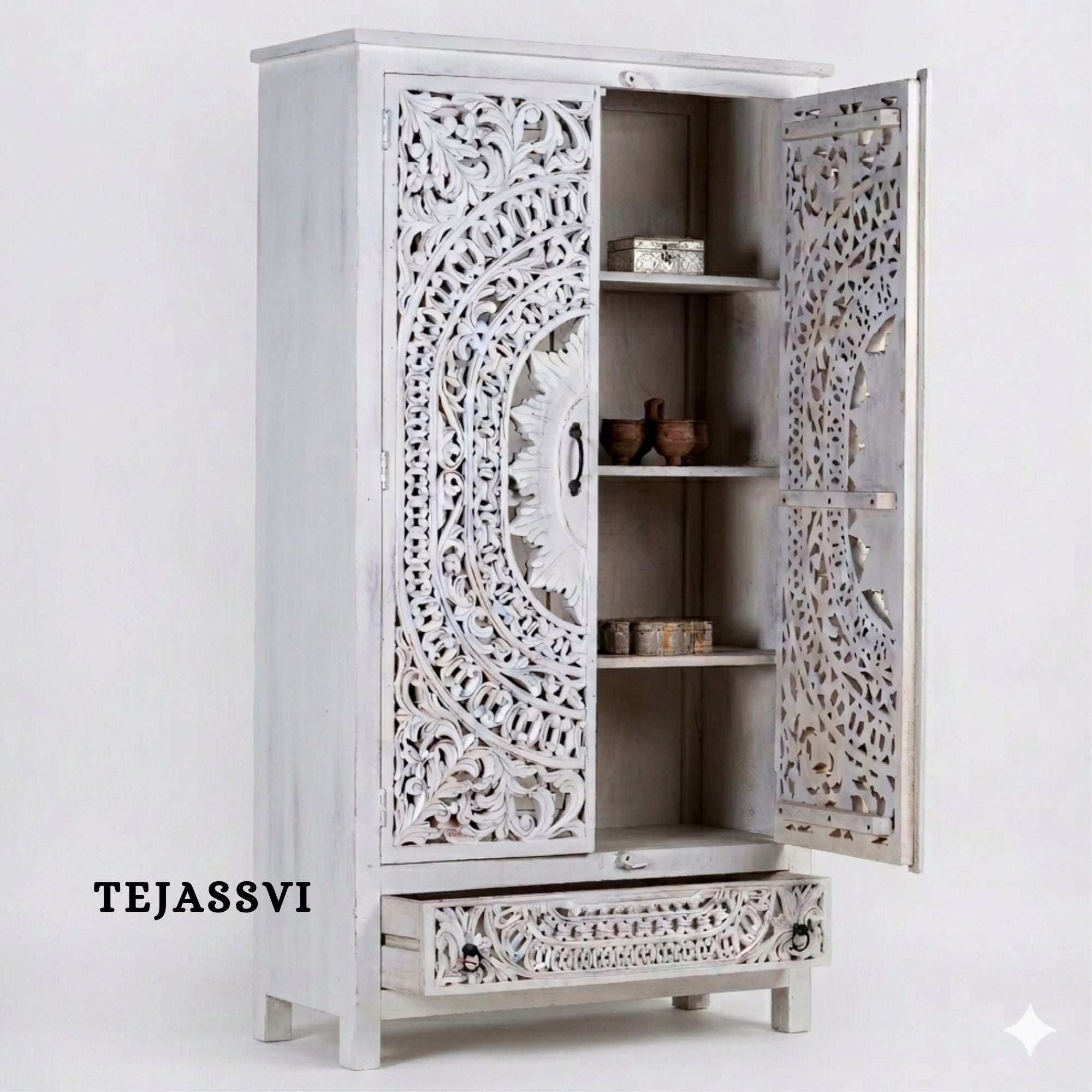 Wooden Indian Carving Wardrobe White Color  / Wooden carving Sideboard / Wooden Storage Cabinet | Luxury Entryway Table | wooden Storage Sideboard.
