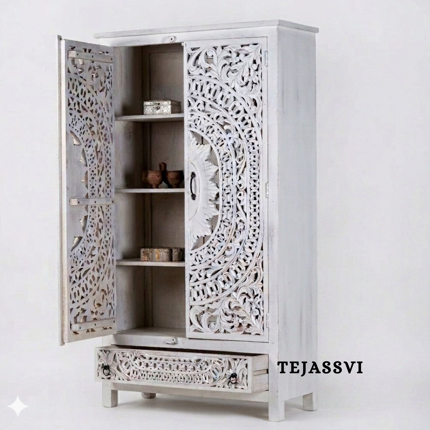 Wooden Indian Carving Wardrobe White Color  / Wooden carving Sideboard / Wooden Storage Cabinet | Luxury Entryway Table | wooden Storage Sideboard.