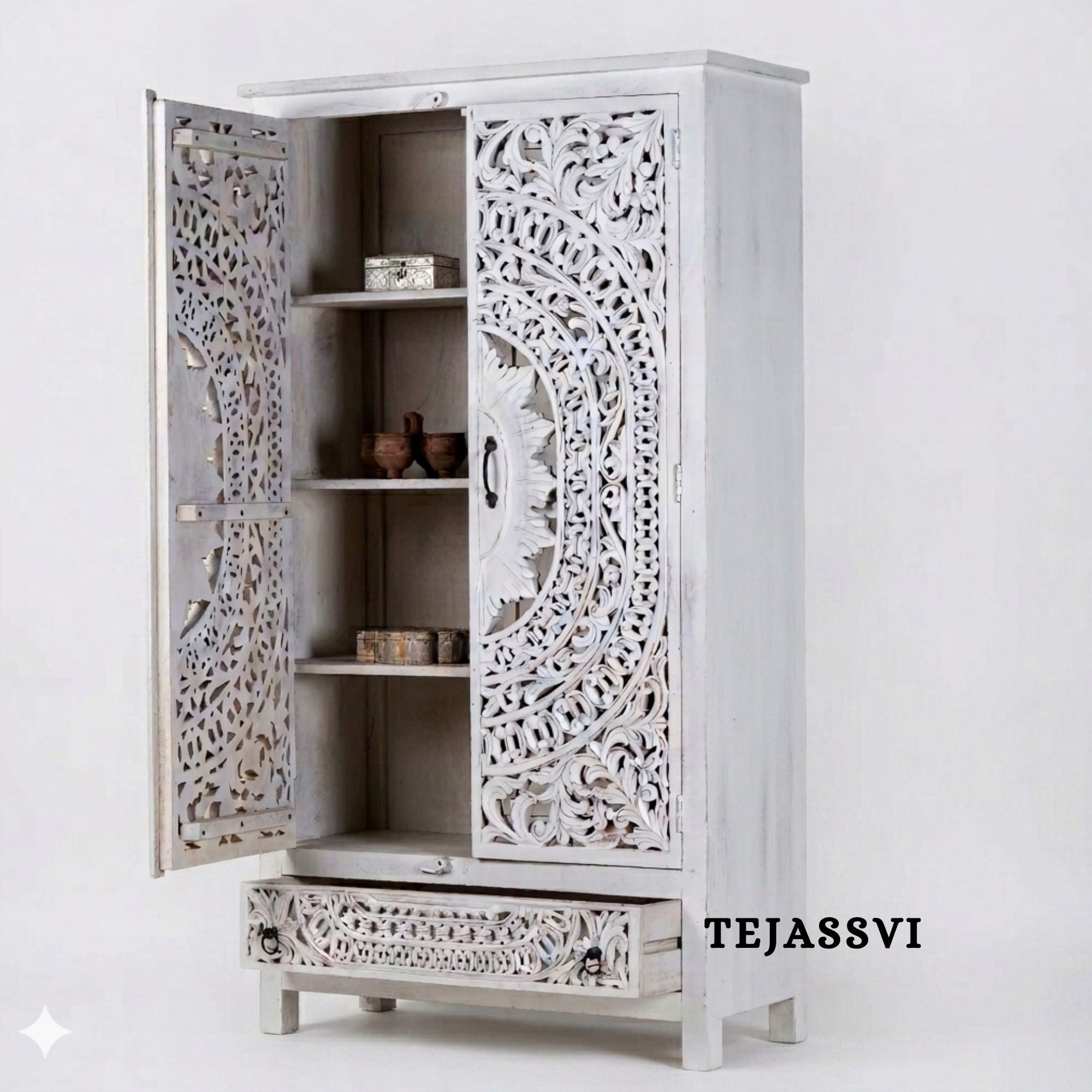 Wooden Indian Carving Wardrobe White Color  / Wooden carving Sideboard / Wooden Storage Cabinet | Luxury Entryway Table | wooden Storage Sideboard.
