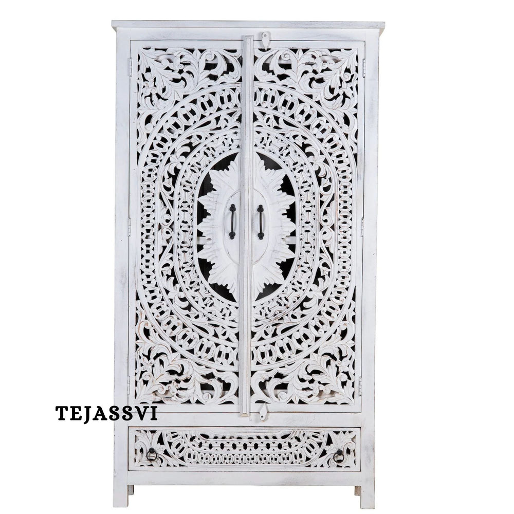 Wooden Indian Carving Wardrobe White Color  / Wooden carving Sideboard / Wooden Storage Cabinet | Luxury Entryway Table | wooden Storage Sideboard.