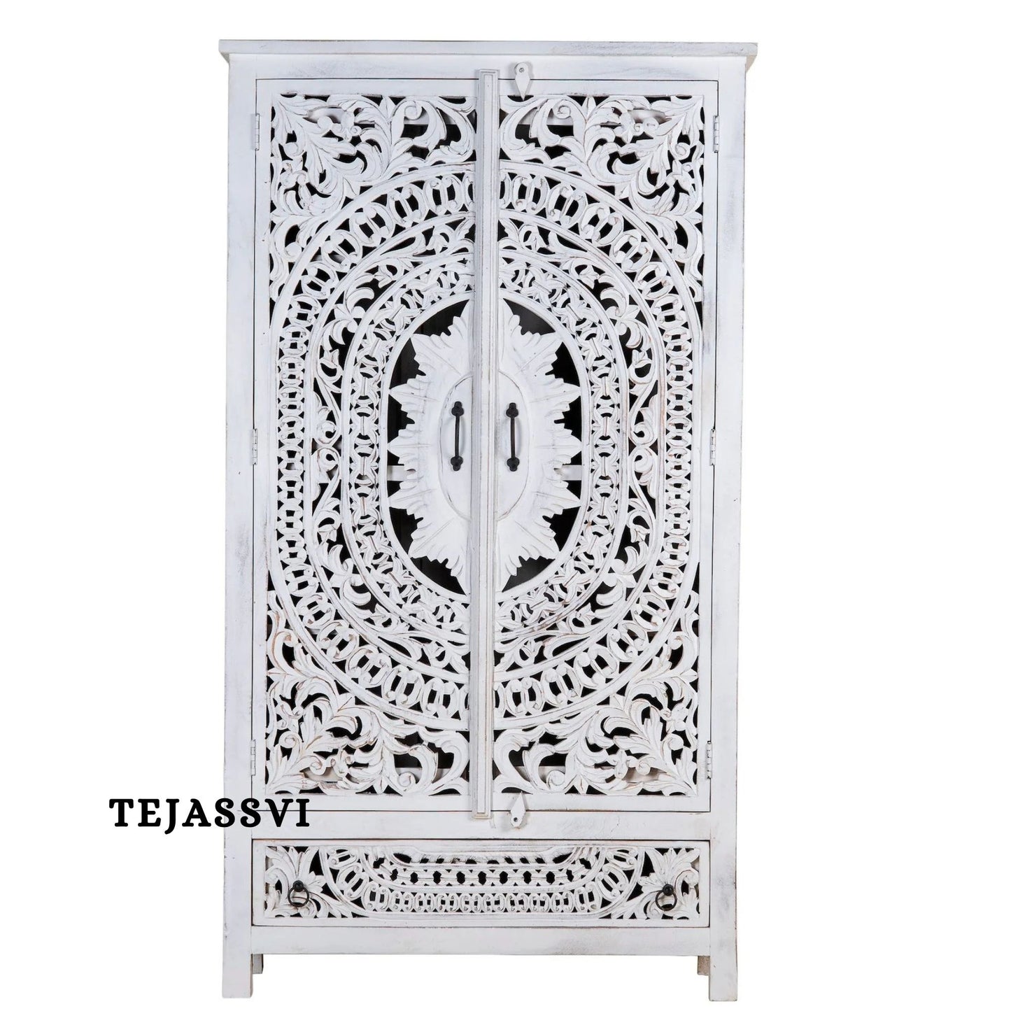 Wooden Indian Carving Wardrobe White Color  / Wooden carving Sideboard / Wooden Storage Cabinet | Luxury Entryway Table | wooden Storage Sideboard.