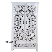 Wooden Indian Carving Wardrobe White Color  / Wooden carving Sideboard / Wooden Storage Cabinet | Luxury Entryway Table | wooden Storage Sideboard.