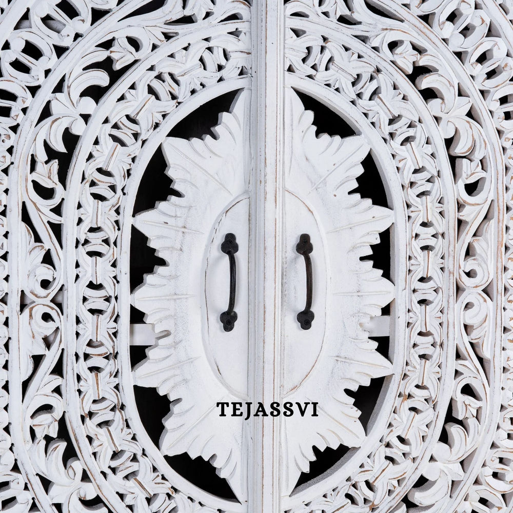 Wooden Indian Carving Wardrobe White Color  / Wooden carving Sideboard / Wooden Storage Cabinet | Luxury Entryway Table | wooden Storage Sideboard.