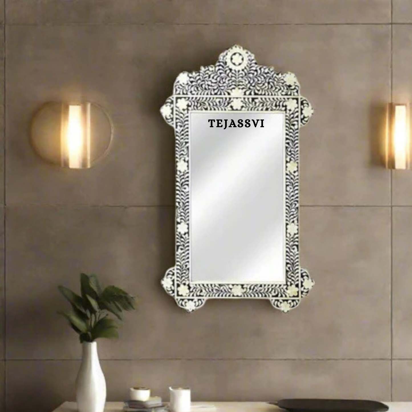 Bone Inlay Floral Design Black Resin Wall Hanging Mirror For Home Décor