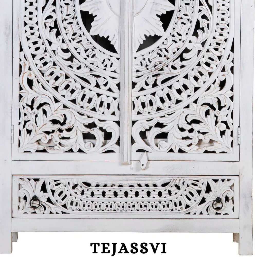 Wooden Indian Carving Wardrobe White Color  / Wooden carving Sideboard / Wooden Storage Cabinet | Luxury Entryway Table | wooden Storage Sideboard.