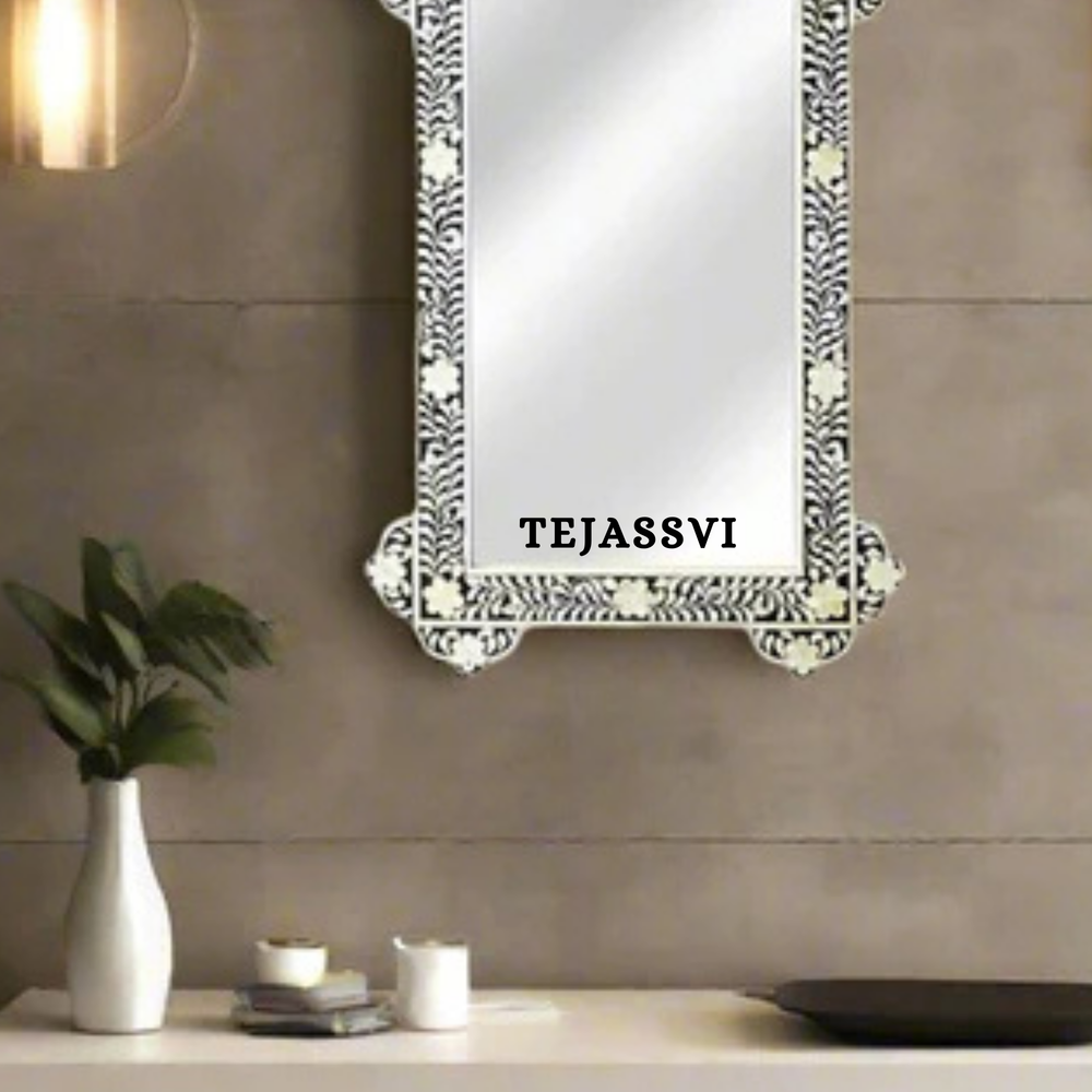 Bone Inlay Floral Design Black Resin Wall Hanging Mirror For Home Décor