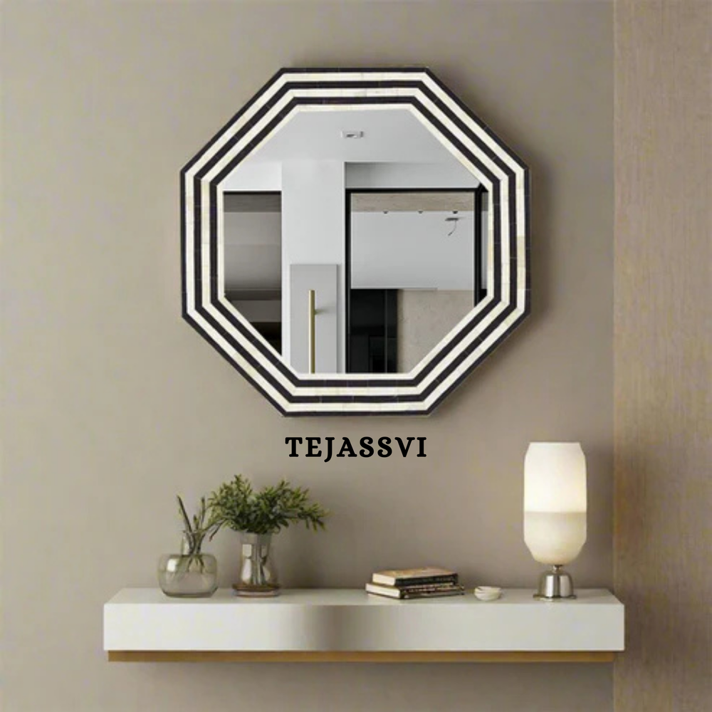 Bone Inlay Wall Mirror with Black Resin Stripe Design For Wall Décor
