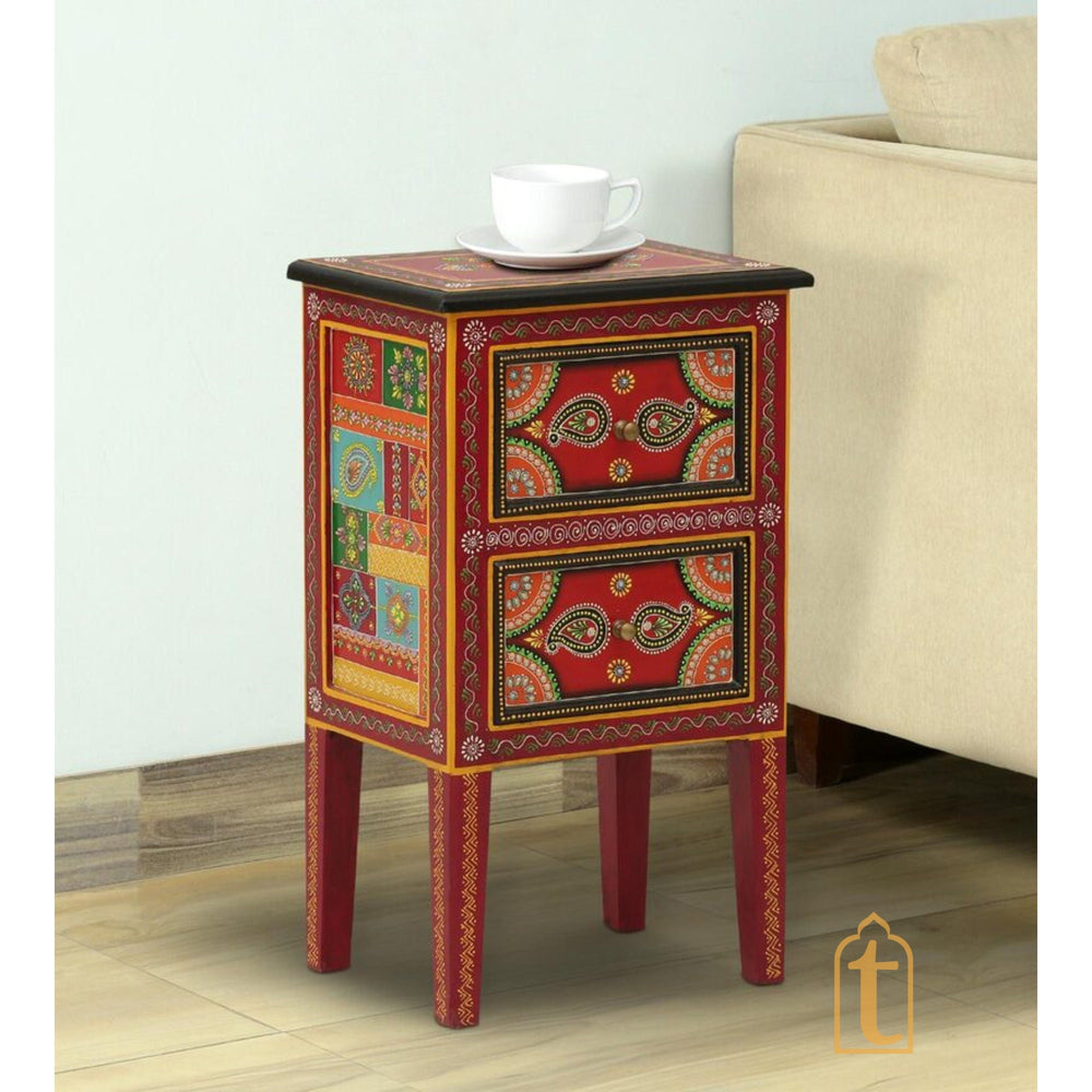 Hand Painted Wooden End Table / Bedside | Sofa Side Table | Small Chest of Drawer for Living Room | Traditional Side Table with Drawers
